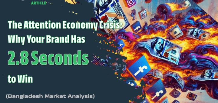 Attention economy infographic showing declining attention spans from 12 seconds in 2000 to 8.25 seconds in 2025, with Bangladesh digital market statistics including 77.7 million internet users, 60 million Facebook users, and $9 billion e-commerce market size, featuring the 7-step attention architecture framework for marketers