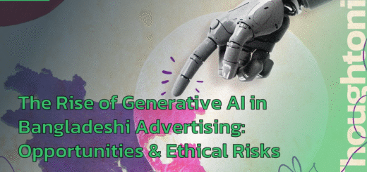 Dhaka advertising professional analyzing generative AI dashboard displaying Bengali and English content creation tools, with ethical framework charts visible on screen - representing the intersection of technology and responsibility in Bangladesh's 2025 advertising landscape . Generative AI in Bangladeshi Advertising