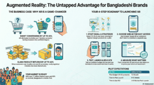 Customer using smartphone AR to visualize furniture placement in Dhaka apartment living room Comparison chart showing AR impact on retail metrics: 30-40% conversion increase, 25-40% return reduction, 8-minute browsing time