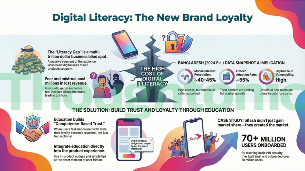 A split-screen illustration; on the left, a chaotic web of confused users holding smartphones; on the right, a clear path guided by a brand logo acting as a lighthouse, symbolizing digital literacy and brand purpose.
