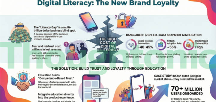 A split-screen illustration; on the left, a chaotic web of confused users holding smartphones; on the right, a clear path guided by a brand logo acting as a lighthouse, symbolizing Digital Literacy and Brand Purpose.