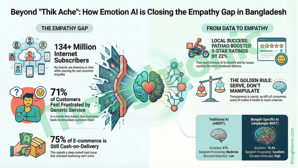 Table comparing Bengali sentiment analysis models; Infographic of the 5-step Emotion AI framework for Dhaka-based brands.