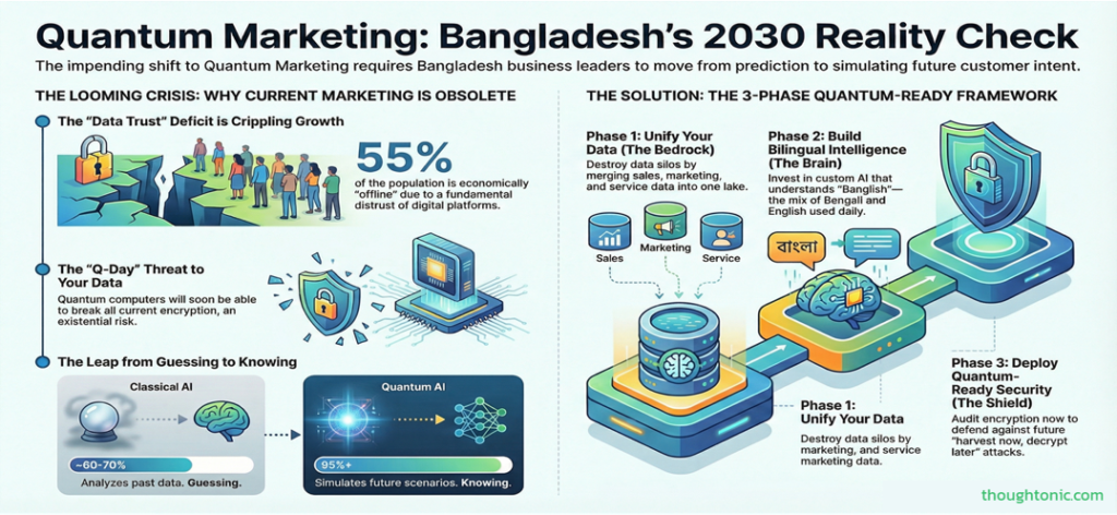 Illustration of a futuristic digital marketing interface in Dhaka showing quantum data visualization. Quantum Marketing