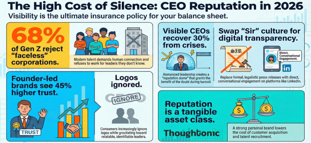 A side-by-side comparison of a traditional office door vs a digital profile, representing ceo reputation management.