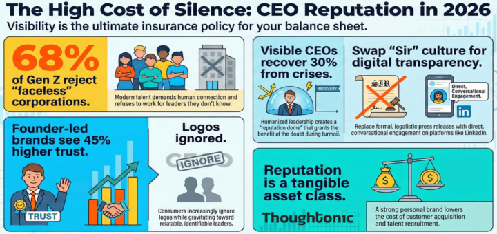 A side-by-side comparison of a traditional office door vs a digital profile, representing ceo reputation management.