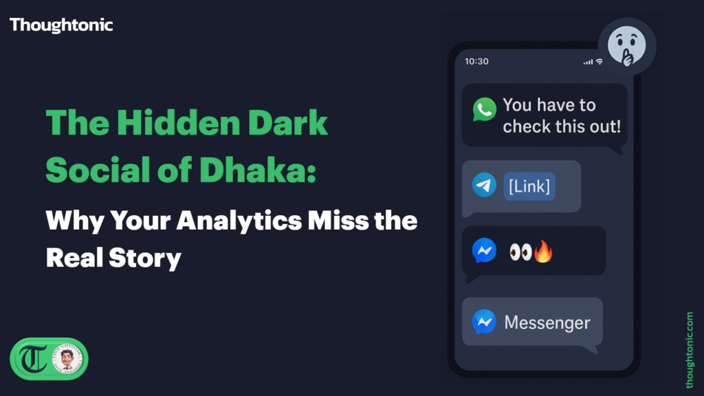 A senior marketing executive in Dhaka analyzing a digital dashboard showing "Direct Traffic" vs "Dark Social" metrics.
