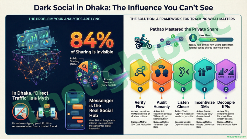 A senior marketing executive in Dhaka analyzing a digital dashboard showing "Direct Traffic" vs "Dark Social" metrics.