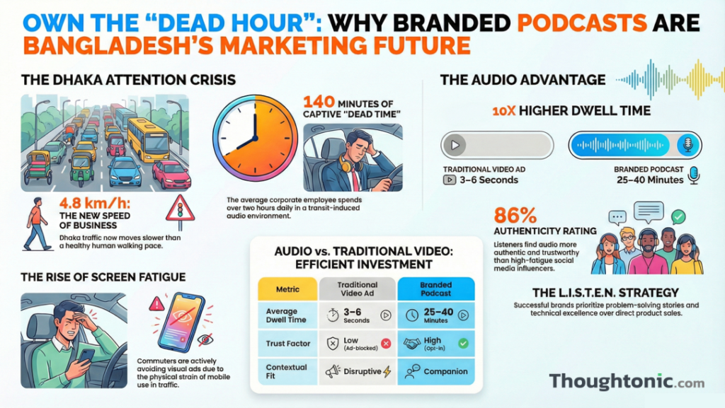 A comparison table showing the dwell time and trust factors of branded podcasts versus traditional video ads in the Dhaka market.