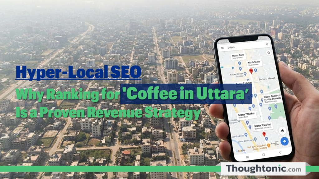 Aerial view of Uttara, Dhaka with map pin markers showing local business search results on a smartphone screen