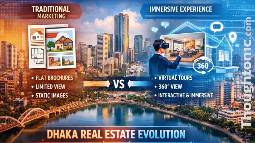 Infographic showing the shift from 2D brochures to 3D VR tours in real estate marketing; Cover image of a modern Dhaka skyline with a digital overlay.