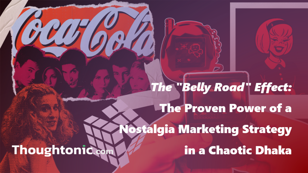 Infographic showing the 4-step RETRO framework for nostalgia marketing. Cover image featuring a stylized 90s Dhaka street scene with modern branding.