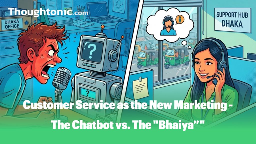 Illustration comparing a frustrated user yelling at a robot versus a smiling support agent on the phone in a Dhaka office setting.