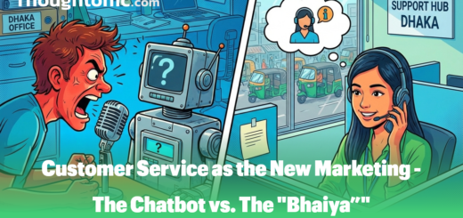 Illustration comparing a frustrated user yelling at a robot versus a smiling support agent on the phone in a Dhaka office setting.
