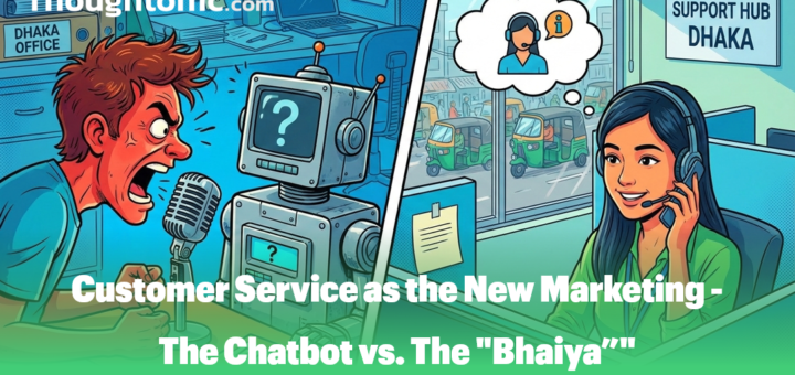 Illustration comparing a frustrated user yelling at a robot versus a smiling support agent on the phone in a Dhaka office setting.