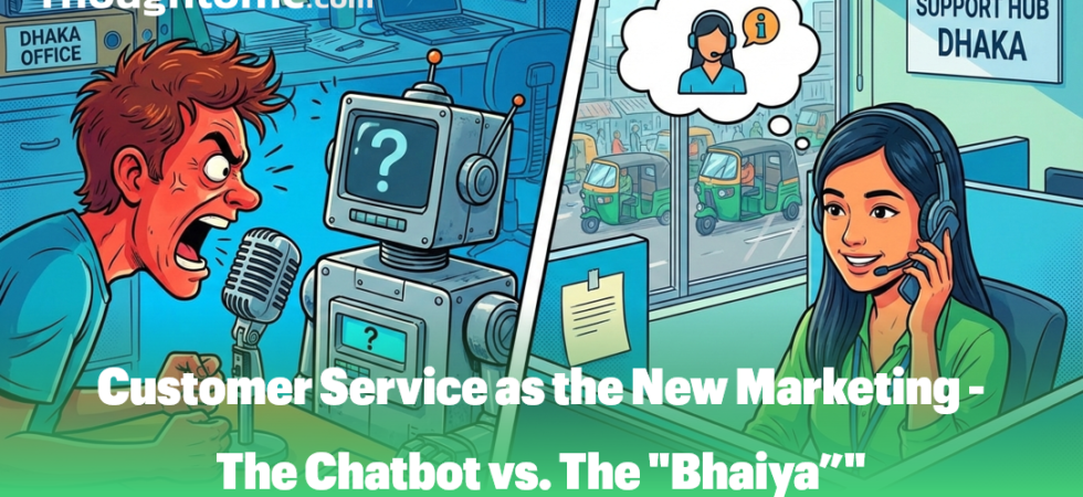 Illustration comparing a frustrated user yelling at a robot versus a smiling support agent on the phone in a Dhaka office setting.