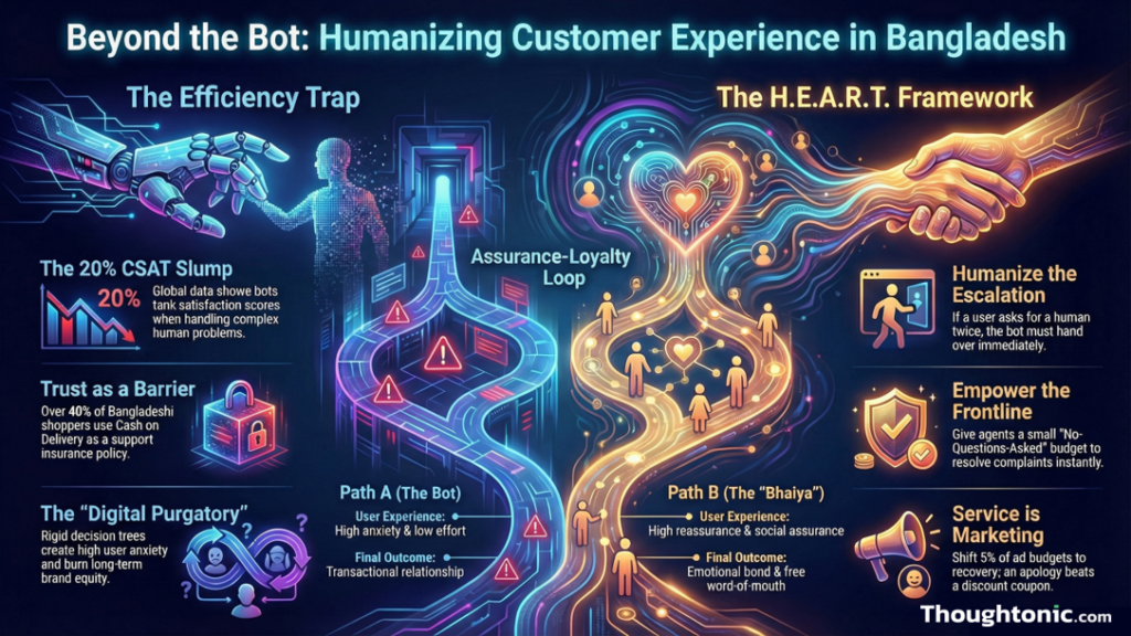 Illustration comparing a frustrated user yelling at a robot versus a smiling support agent on the phone in a Dhaka office setting.