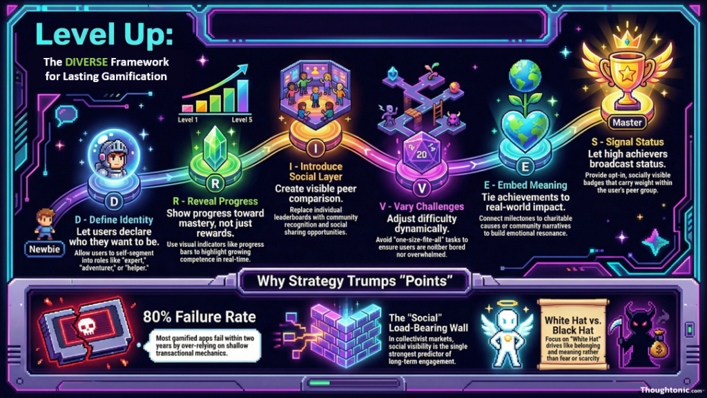 Framework Infographic: DRIVES Framework for effective gamification strategies: Define Identity, Reveal Progress, Introduce Social Layer, Vary Challenges, Embed Meaning, Signal Status
