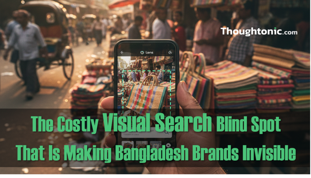 A hand holding a smartphone using Google Lens to identify a product at a Dhaka street market, representing visual search technology in Bangladesh