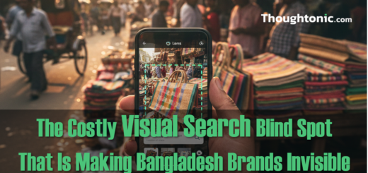 A hand holding a smartphone using Google Lens to identify a product at a Dhaka street market, representing visual search technology in Bangladesh