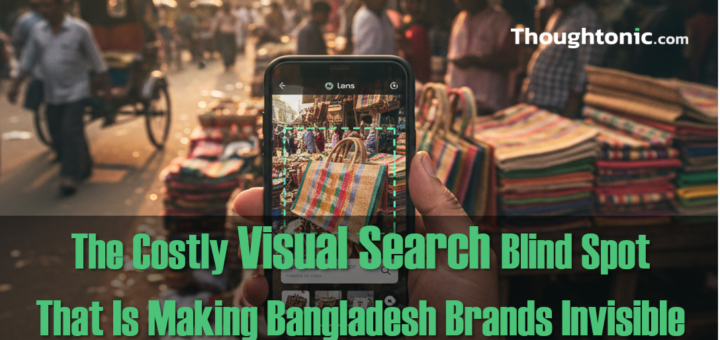 A hand holding a smartphone using Google Lens to identify a product at a Dhaka street market, representing visual search technology in Bangladesh