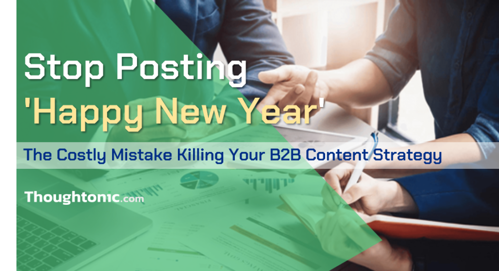 B2B marketer in Dhaka reviewing content calendar, rejecting festival greeting posts in favor of thought leadership content