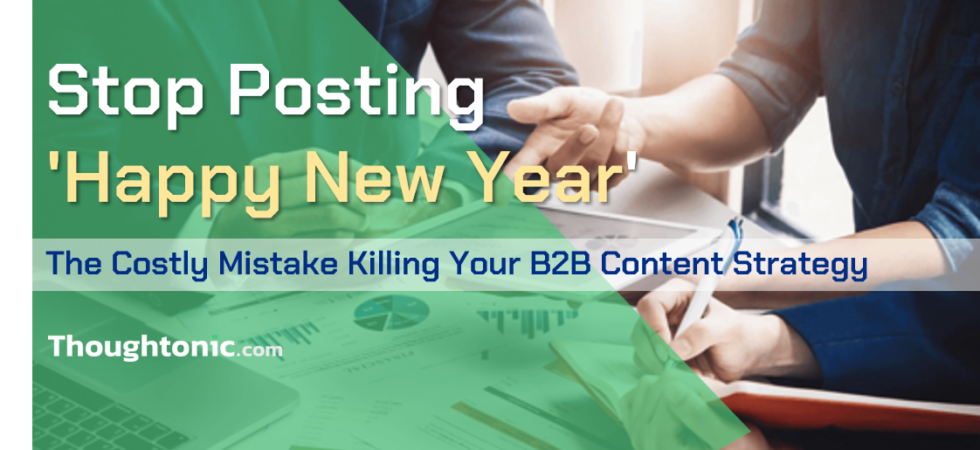 B2B marketer in Dhaka reviewing content calendar, rejecting festival greeting posts in favor of thought leadership content