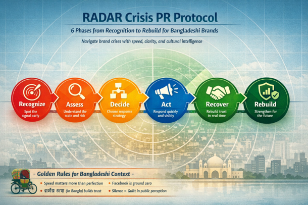 RADAR crisis PR protocol showing 6 phases from recognition to rebuild for Bangladeshi brands