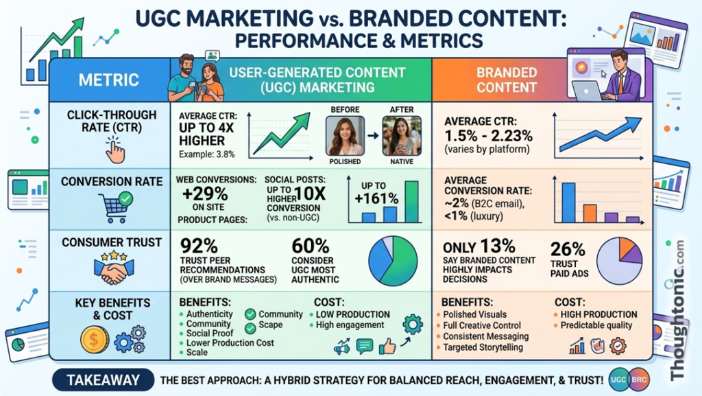 Comparison table showing UGC marketing vs. branded content performance metrics including CTR, conversion rate, and consumer trust statistics
