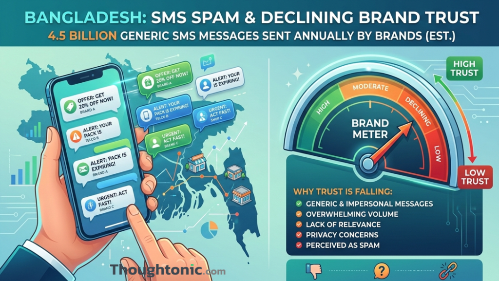 Infographic showing Bangladesh brands sending 4.5 billion generic SMS messages annually with a declining brand trust meter