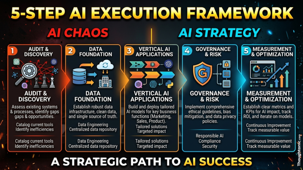 5-step AI execution framework infographic showing audit, data foundation, vertical AI, governance, and measurement stages for closing the AI strategy gap