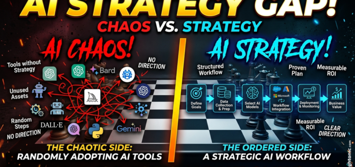 Visual showing a chessboard divided between a chaotic side (AI tools scattered without direction) and an ordered side (strategic AI workflow diagram) - representing the AI strategy gap