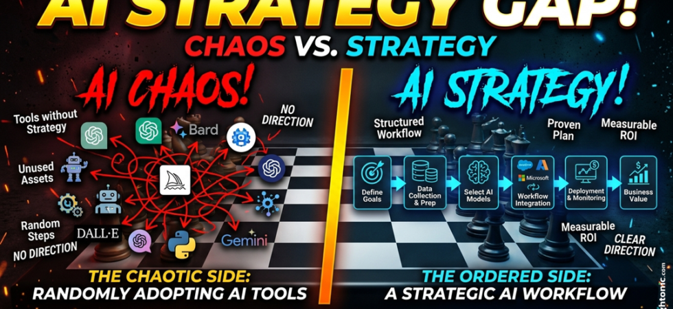 Visual showing a chessboard divided between a chaotic side (AI tools scattered without direction) and an ordered side (strategic AI workflow diagram) - representing the AI strategy gap