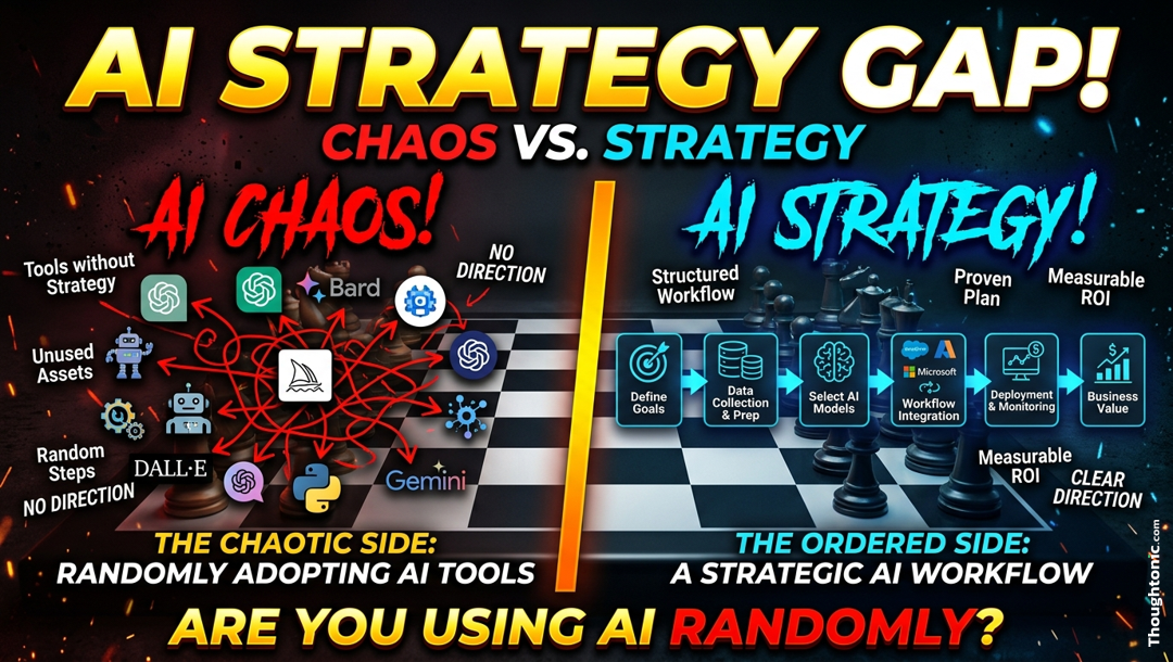 Visual showing a chessboard divided between a chaotic side (AI tools scattered without direction) and an ordered side (strategic AI workflow diagram) - representing the AI strategy gap