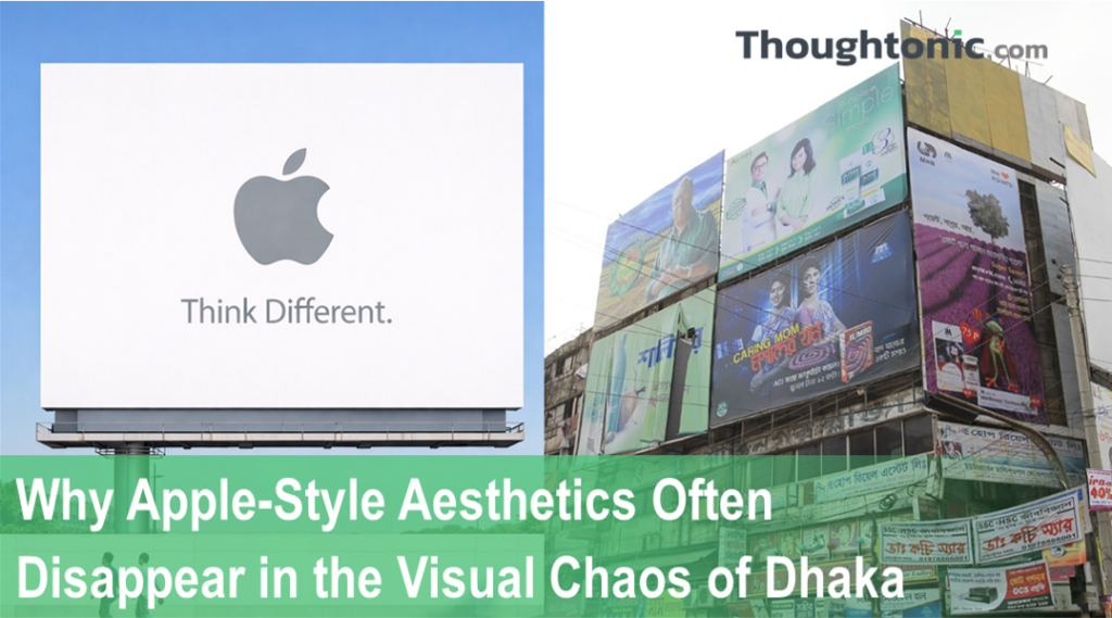 Split visual: Apple-style minimal billboard on one side, vibrant Dhaka street-level hoarding on the other, illustrating Bangladesh design strategy choices