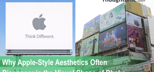 Split visual: Apple-style minimal billboard on one side, vibrant Dhaka street-level hoarding on the other, illustrating Bangladesh design strategy choices