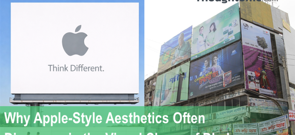 Split visual: Apple-style minimal billboard on one side, vibrant Dhaka street-level hoarding on the other, illustrating Bangladesh design strategy choices