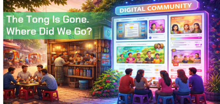 Illustration of a Dhaka neighborhood tong transitioning into a digital community screen