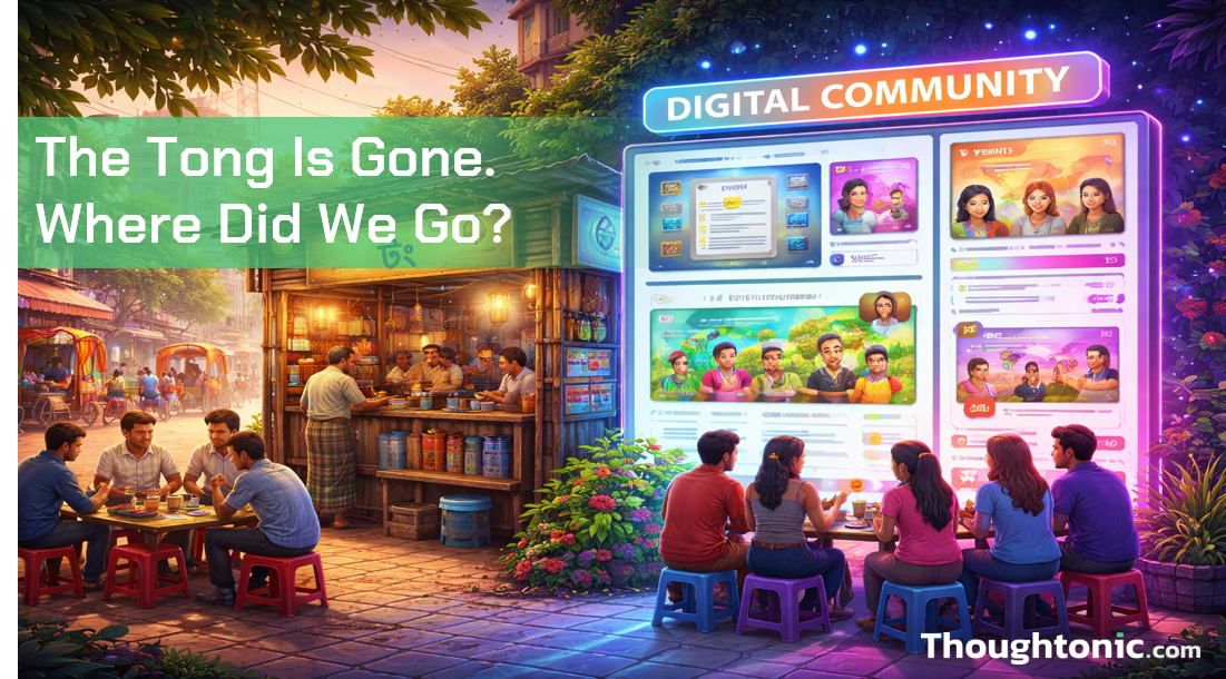 Illustration of a Dhaka neighborhood tong transitioning into a digital community screen