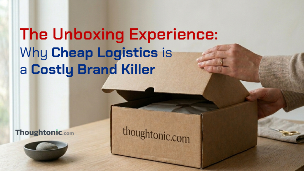 A high-quality, pristine kraft paper box being opened in a minimalist setting. showing the unboxing experience