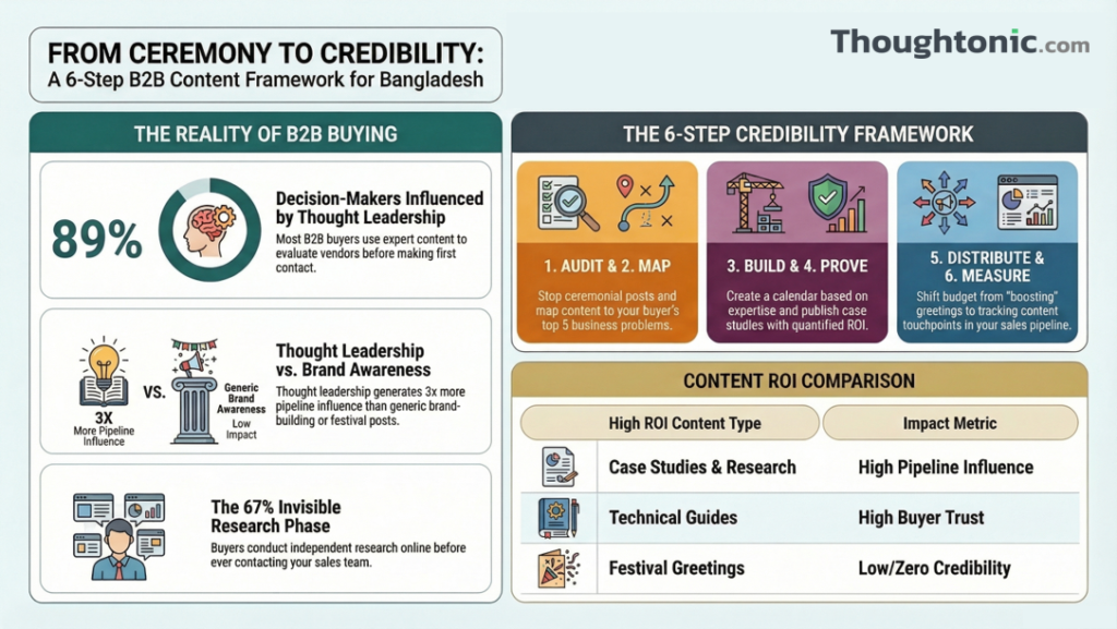 Six-step B2B content strategy framework for Bangladeshi companies: Audit, Map, Build, Prove, Distribute, Measure