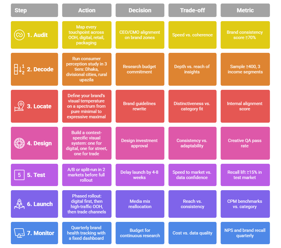 Framework table showing 7-step Bangladesh design strategy from visual context audit to quarterly brand health monitoring