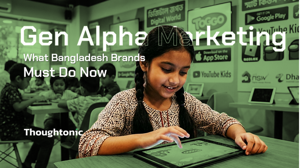 A child using an iPad with brand logos and digital marketing icons in the background, representing gen alpha marketing in Bangladesh