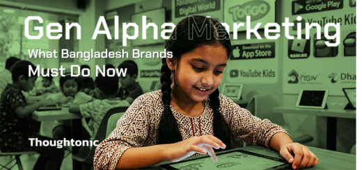 A child using an iPad with brand logos and digital marketing icons in the background, representing gen alpha marketing in Bangladesh