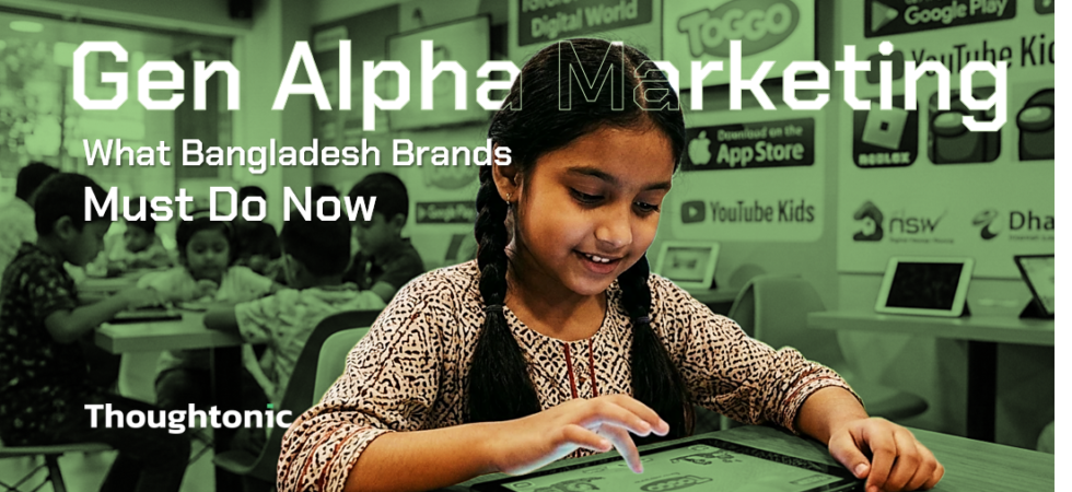 A child using an iPad with brand logos and digital marketing icons in the background, representing gen alpha marketing in Bangladesh