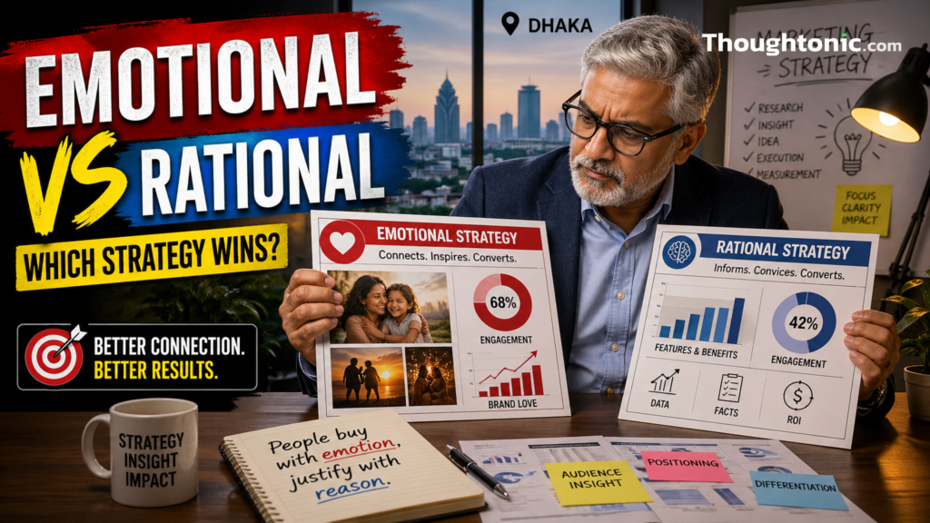 Senior marketer reviewing emotional vs rational advertising strategy charts in Dhaka office for neuromarketing