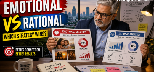 Senior marketer reviewing emotional vs rational advertising strategy charts in Dhaka office for neuromarketing