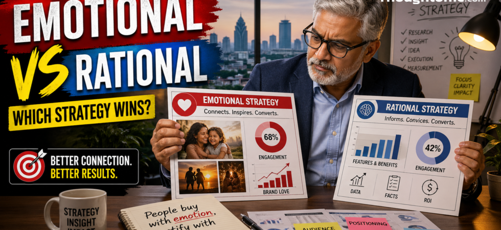 Senior marketer reviewing emotional vs rational advertising strategy charts in Dhaka office for neuromarketing