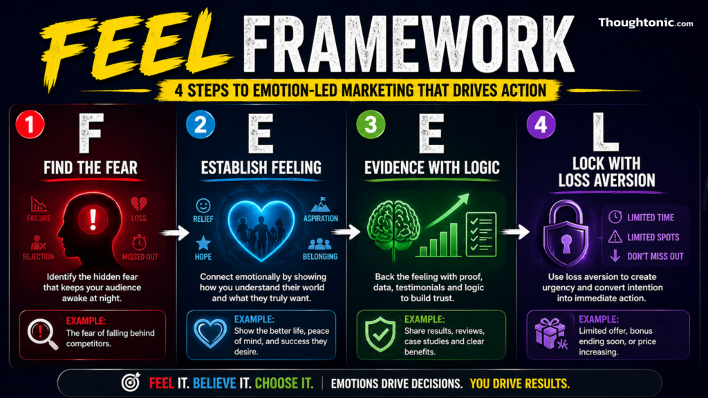 FEEL Framework infographic showing four steps of emotion-led marketing - Find the Fear, Establish Feeling, Evidence with Logic, Lock with Loss Aversion