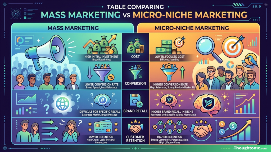 Table comparing mass marketing vs micro-niche marketing in terms of cost, conversion, brand recall, and customer retention