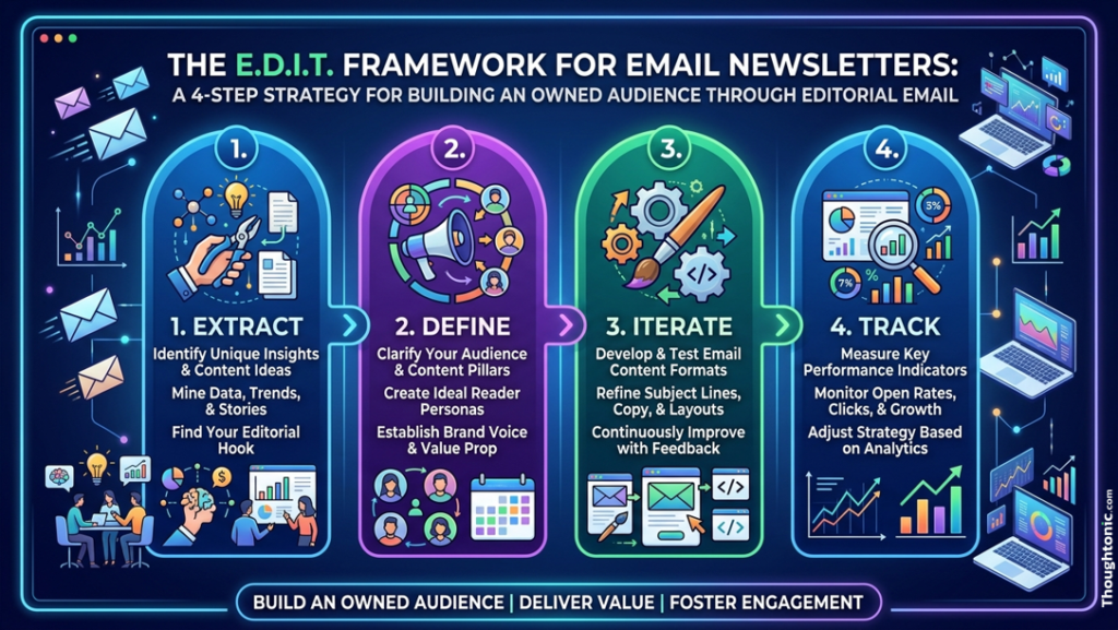 The E.D.I.T. Framework for email newsletters: Extract, Define, Iterate, Track, a four-step strategy for building an owned audience through editorial email